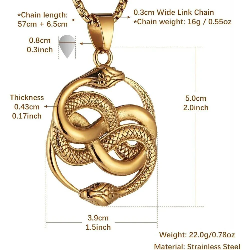 Mens End to End Gold Snake Gothic Stainless Steel Snake Pendant Jewelry Chain